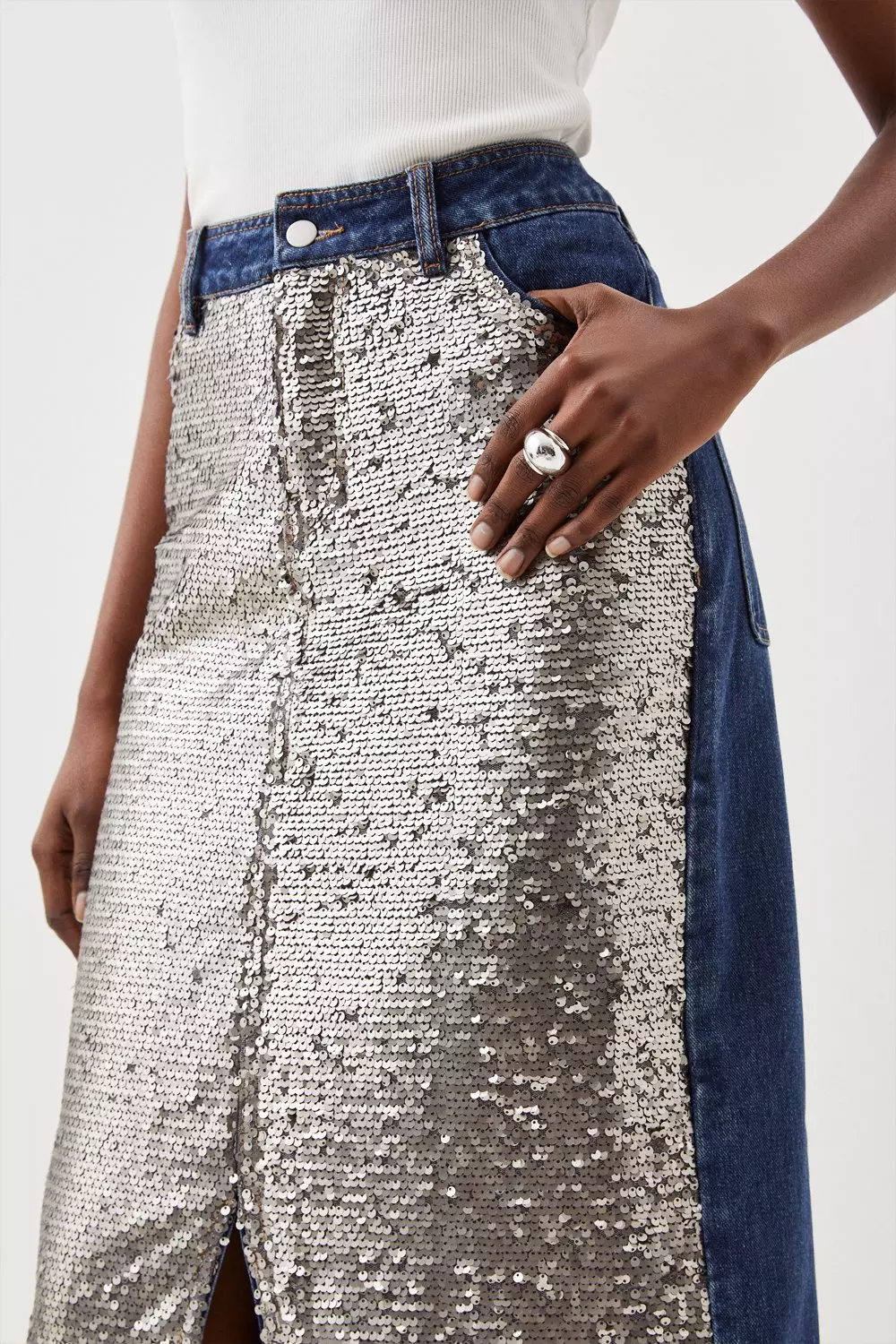 Silver sequin shop denim skirt